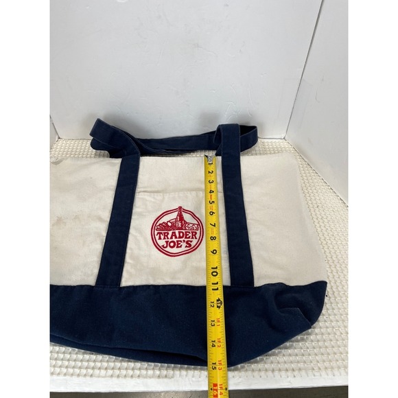 Trader Joe's Canvas Tote Bag Navy Blue Cream Embroidered Logo Reusable - Picture 5 of 9